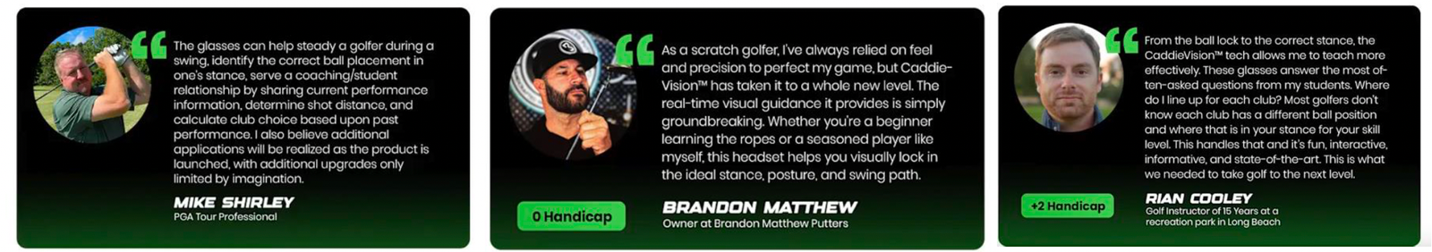 CaddieVision testimonials from Mike Shirley, Brandon Matthew, and Rian Cooley